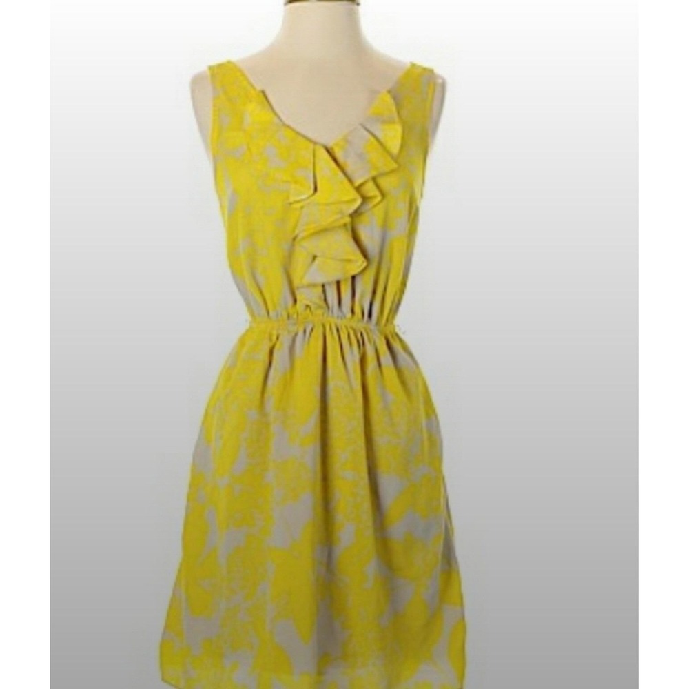 Express Yellow and Cream Dress V- Neck With Ruffle
